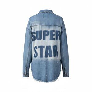 Oli and Hali Boho Denim Shirt Dress – Super Star Graphic, Raw Hem – Size L – NWT